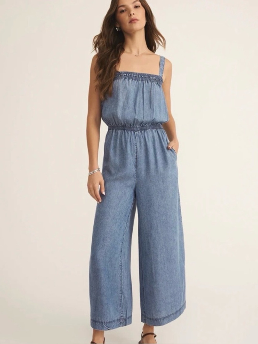 Z Supply Chambray Denim Wide-Leg Jumpsuit - Light Blue Women's Size SM
